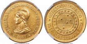Republic gold 20000 Reis 1907 AU58 NGC, Rio de Janeiro mint, KM497, Fr-124, LMB-726. A glittering representation of the type, which shows a near fulln...