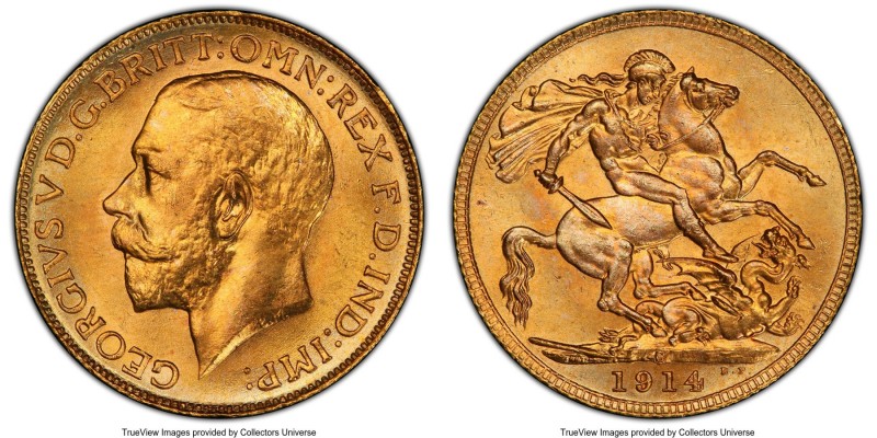 George V gold Sovereign 1914-C MS65+ PCGS, Ottawa mint, KM20, S-3997. A scarcer ...