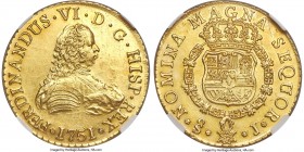 Ferdinand VI gold 8 Escudos 1751 So-J AU58 NGC, Santiago mint, KM3, Cal-72. Deceivingly lustrous for its assigned grade, with reflective fields and an...