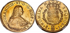 Ferdinand VI gold 8 Escudos 1752 So-J MS60 NGC, Santiago mint, KM3, Fr-5, Cal-72. Displaying a planchet flaw below the bust as well as a pair of adjus...