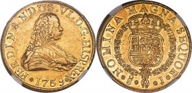 Ferdinand VI gold 8 Escudos 1759 So-J AU53 NGC, Santiago mint, KM12, Onza-657. Variety with the King's name spelled out as "FERDINANDUS". Exceptionall...