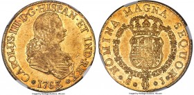 Charles III gold 8 Escudos 1763 So-J AU55 NGC, Santiago mint, KM20, Onza-903. From a popular, four-date series, shown here with incredible rose colore...