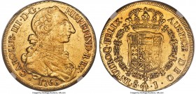 Charles III gold 8 Escudos 1766 So-J AU50 NGC, Santiago mint, KM25. A scarcer early date in the Charles III Chilean series, and especially difficult i...
