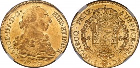 Charles III gold 8 Escudos 1776 So-DA AU50 NGC, Santiago mint, KM27, Fr-15, Cal-224, Onza-925. A significant and prized date for collectors of early n...