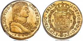 Ferdinand VII gold 8 Escudos 1810 So-FJ MS62+ NGC, Santiago mint, KM72, Onza-1346. A splendid golden specimen, just shy of choice. The piece displays ...