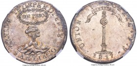 Republic "Volcano" Peso 1817 SANTIAGO-FJ MS62 NGC, Santiago mint, KM82.2, MC-71. "Y" to left variety. A beloved Chilean type, and one of the most icon...