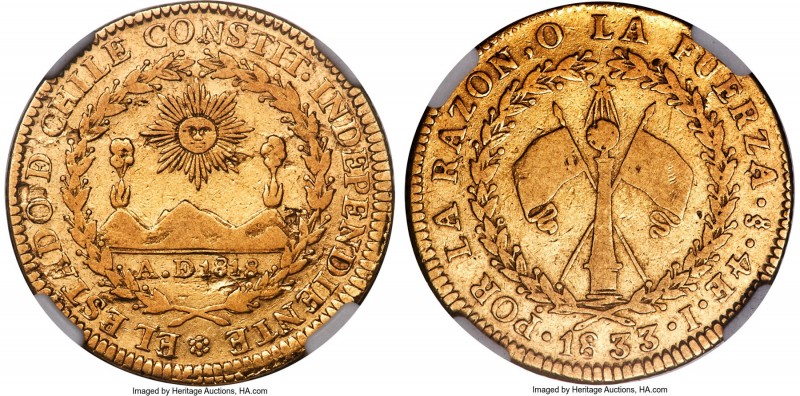 Republic gold 4 Escudos 1833 So-I VF30 NGC, Santiago mint, KM87. A wholly origin...