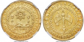 Republic gold 4 Escudos 1834 So-IJ AU55 NGC, Santiago mint, KM87, MC-68. Mintage: 2,564. The final year for this charming design, preserved at a level...