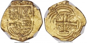 Philip IV gold Cob 2 Escudos 1642 NR-R AU58 NGC, Nuevo Reino mint, KM4.1 (Rare), Cal-165, Restrepo-M50.21. 6.59gm. Typically crudely struck, though wi...