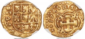 Philip V gold Cob 2 Escudos 1743-M AU55 NGC, Nuevo Reino mint, KM17.2, Fr-8. 6.74gm. Quite a nice example of this difficult hammered Cob series, and e...