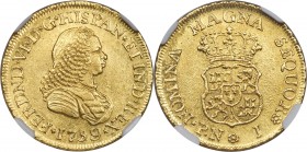 Ferdinand VI gold 2 Escudos 1759 PN-J UNC Details (Cleaned) NGC, Popayan mint, KM30.2, Fr-22. Unusually fine condition for this scarce three-year type...