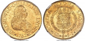 Ferdinand VI gold 8 Escudos 1757 NR-SJ AU50 NGC, Nuevo Reino mint, KM32.1, Fr-15. Scattered contact marks and a tad less wear than one might expect fo...