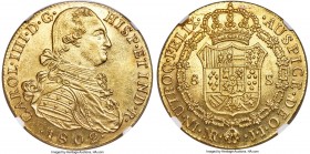 Charles IV gold 8 Escudos 1802 NR-JJ MS63 NGC, Nuevo Reino mint, KM62.1. Superb quality for the date, featuring an emboldened strike that has left eve...
