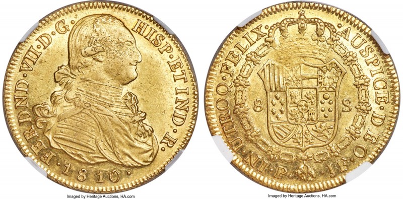 Ferdinand VII gold 8 Escudos 1810 P-JF AU55 NGC, Popayan mint, KM66.2, Cal-67. A...