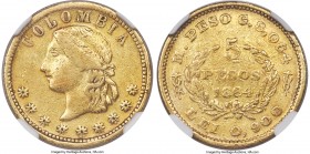 Republic gold 5 Pesos 1864-M VF Details (Cleaned) NGC, Medellin mint, KM148 (Rare), Restrepo-328 (Very Rare). Type with COLOMBIA and large stars on ob...