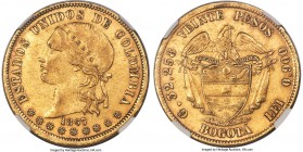 Estados Unidos gold 20 Pesos 1867-BOGOTA AU Details (Reverse Cleaned) NGC, Bogota mint, KM142.1. A scarcer date, exhibiting hairlines on the reverse r...