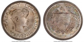 Republic silver Souvenir Peso 1897 MS65+ PCGS, Gorham mint, KM-XM1. Wide Date variety, with "PAT9 7" on truncation of neck and the right obverse star ...
