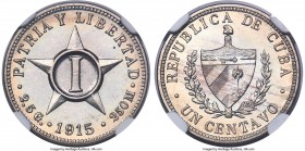 Republic Proof Centavo 1915 PR66 NGC, KM9.1. Struck as a two-year type, this date seeing a total mintage of a mere 200 examples. White and flashy with...