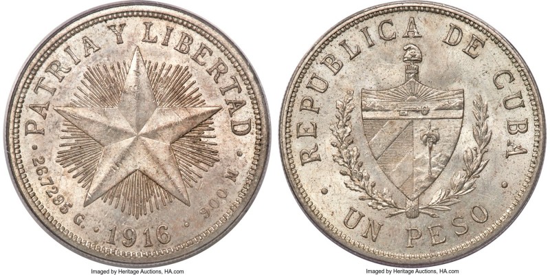 Republic "Star" Peso 1916 MS63 PCGS, Philadelphia mint, KM15.2. The first true C...