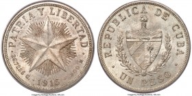 Republic "Star" Peso 1916 MS63 PCGS, Philadelphia mint, KM15.2. The first true Cuban silver peso, this striking coin was designed by Charles E. Barber...
