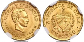 Republic gold Peso 1915 MS66 NGC, Philadelphia mint, KM16. Mesmerizingly lustrous and displaying a pleasing halo effect around Jose Marti's bust to th...