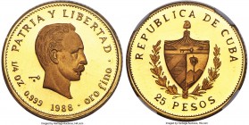 Republic gold Proof Piefort "Jose Marti" 25 Pesos 1988 PR68 Ultra Cameo NGC, KM-P8. Mintage: 10. Very lightly toned throughout, with a full cameo cont...