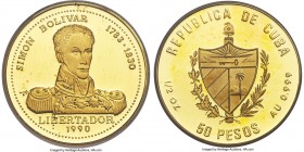 Republic gold Proof "Simon Bolivar" 50 Pesos 1990 PR66 Deep Cameo PCGS, KM281. Mintage: 50. AGW 0.4994 oz. 

HID09801242017

© 2020 Heritage Aucti...