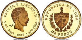 Republic gold Proof Piefort "Jose Marti" 100 Pesos 1988 PR69 Ultra Cameo NGC, Havana mint, KM-P13. Mintage: 10. A flawless example of this double-thic...