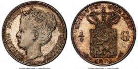 Dutch Colony. Wilhelmina Proof 1/4 Gulden 1900 PR65 PCGS, Utrecht mint, KM35. From a tiny mintage of 40 pieces. Boldly struck, with light frost at the...