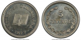 Republic 5 Centavos 1877 MS64 PCGS, KM5. A deceivingly scarce issue, especially so in higher uncirculated grades such as that exhibited by the present...