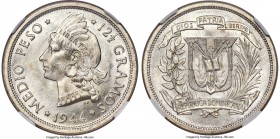 Republic 1/2 Peso 1944 MS65 NGC, KM21. The key date of the series, with a mintage of merely 100,000 pieces. Very rare in the gem condition exhibited b...