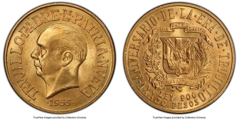 Republic gold "Trujillo Anniversary" 30 Pesos 1955 MS63 PCGS, KM24, Fr-1. Mintag...