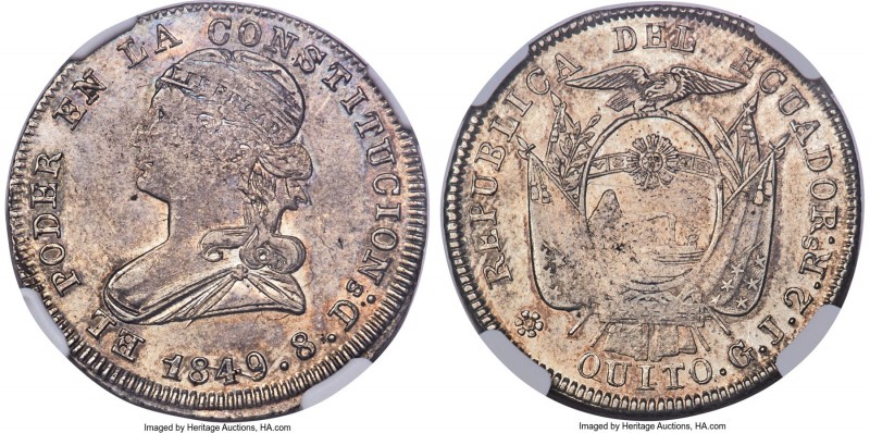 Republic 2 Reales 1849 QUITO-GJ MS62 NGC, Quito mint, KM33. Steel-toned with a s...