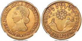 Republic gold 8 Escudos 1842-MV XF Details (Obverse Spot Removed) NGC, KM23.2, Onza-1761. An iconic sun face type, found here with an unfortunate spot...