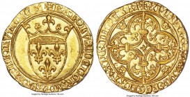 Charles VI gold Ecu d'Or a la couronne ND (1380-1422) MS62 NGC, Poitiers mint (pellet beneath 8th letter), Fr-291, Dup-369C. 3.93gm. +KAROLVS: DЄI: GR...