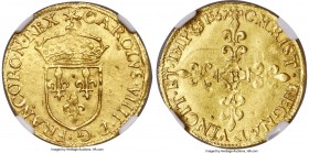 Charles IX (1560-1574) gold Ecu d'Or au Soleil 1567-B MS63 NGC, Rouen mint, Fr-378, Dup-1057. 3.29gm. CAROLVS • VIIII • D • G • FRANCORON • REX, sunbu...