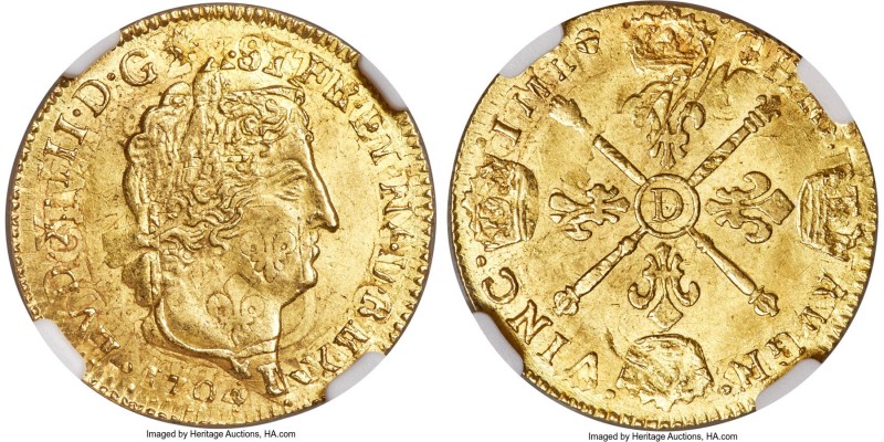 Louis XIV gold Louis d'Or 1704-D MS63 NGC, Lyon mint, KM365.5, Gad-254. Alight w...