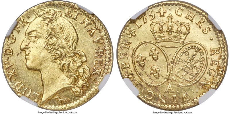 Louis XV gold Louis d'Or 1754-A MS64 NGC, Paris mint, KM513.1. A luminous exampl...