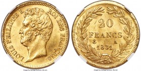 Louis Philippe I gold 20 Francs 1831-A MS65 NGC, Paris mint, KM746.1. Variety with raised edge lettering. Well struck, with rose-hued surfaces and ful...