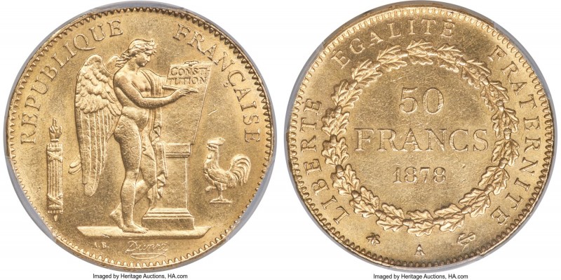 Republic gold 50 Francs 1878-A MS64 PCGS, Paris mint, KM831, Gad-1113, F-549. Mi...