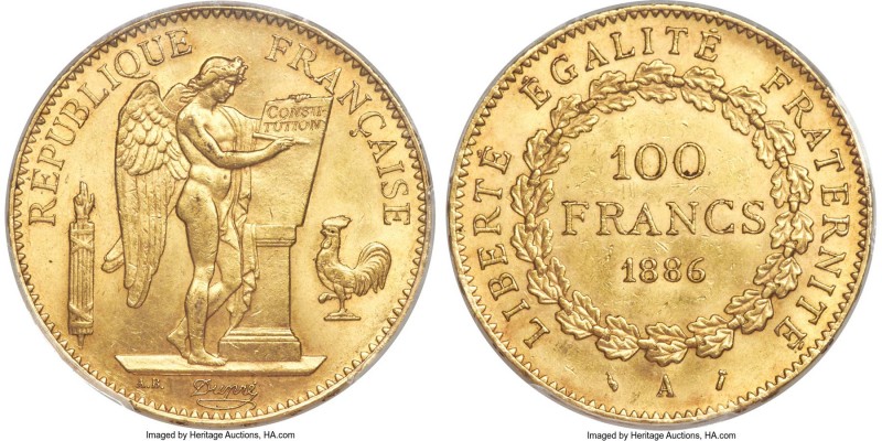 Republic gold 100 Francs 1886-A MS63 PCGS, Paris mint, KM832. A select example o...