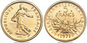 Republic gold Specimen Piefort 5 Francs 1971 SP67 PCGS, Paris mint, KM-P432. A pristine rendering of the classic "Sower" design by Oscar Roty on a ple...