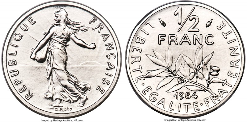 Republic platinum Proof Piefort 1/2 Franc 1984 PR68 NGC, Paris mint, KM-P902. On...