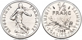 Republic platinum Proof Piefort 1/2 Franc 1985 PR69 NGC, Paris mint, KM-P939. Mintage: 5. A rare issue in near-perfect preservation. Sold with origina...