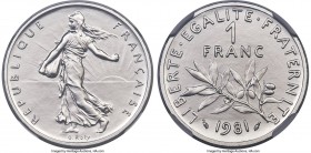Republic platinum Proof Piefort Franc 1981 PR68 NGC, Paris mint, KM-P702. Mintage: 16. A commendable example of this modern fleeting issue, impressive...