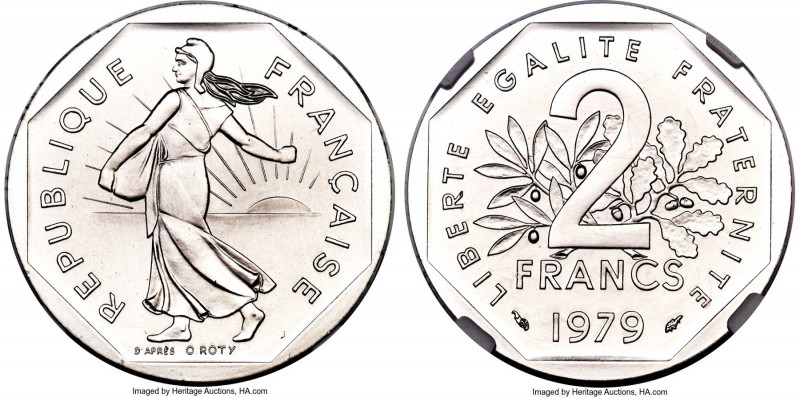 Republic platinum Proof Piefort 2 Francs 1979 PR69 NGC, Paris mint, KM-P643. Min...