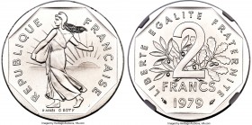 Republic platinum Proof Piefort 2 Francs 1979 PR69 NGC, Paris mint, KM-P643. Mintage: 40. Sold with mint certificate of issue numbered "XXXVIII". 

...