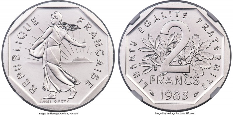 Republic platinum Proof Piefort 2 Francs 1983 PR68 NGC, Paris mint, KM-P777. One...