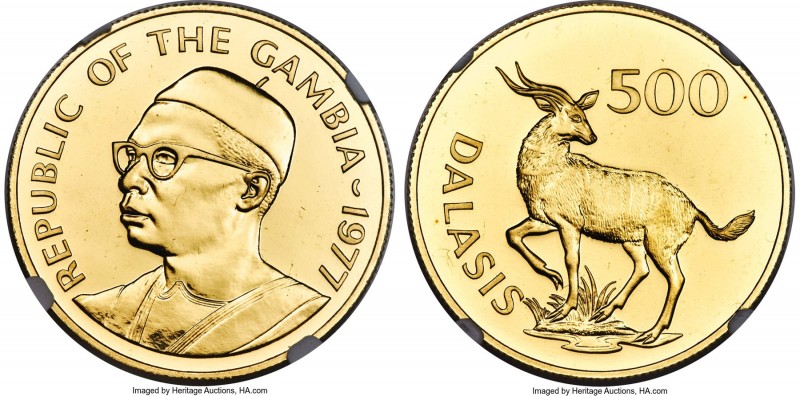 Republic gold "Sitatunga" 500 Dalasis 1977 MS69 NGC, KM19. Mintage: 699. Conserv...