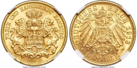 Hamburg. Free City 10 Mark 1913-J MS67+ NGC, Hamburg mint, KM608, J-211. A remarkable piece on the cusp of an ever finer designation, the rose-gold su...